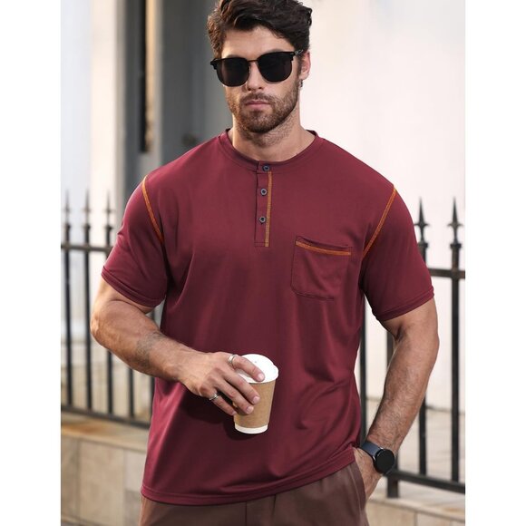 Mens Maroon Short Sleeve Henley T Shirt With Pocket And Stylish Trim Design - Picture 5 of 6